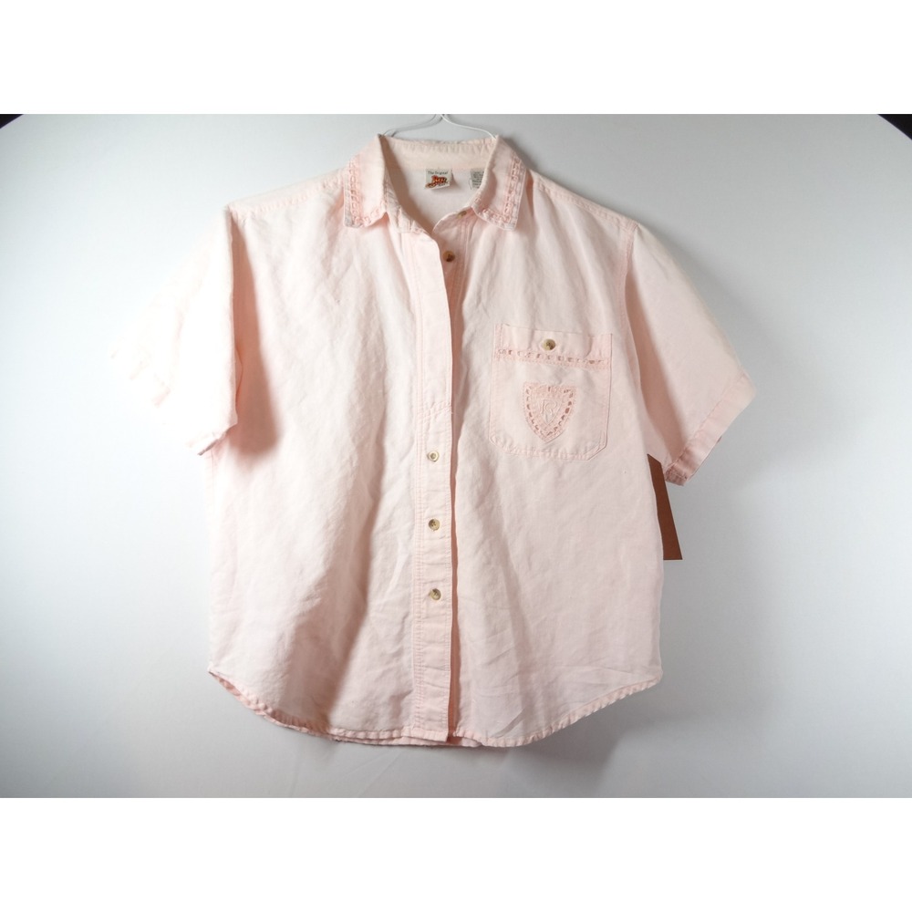 Vintage 90s Red Camel Button Up Shirt Womens Medium Pink Eyelet Lace Linen Blend